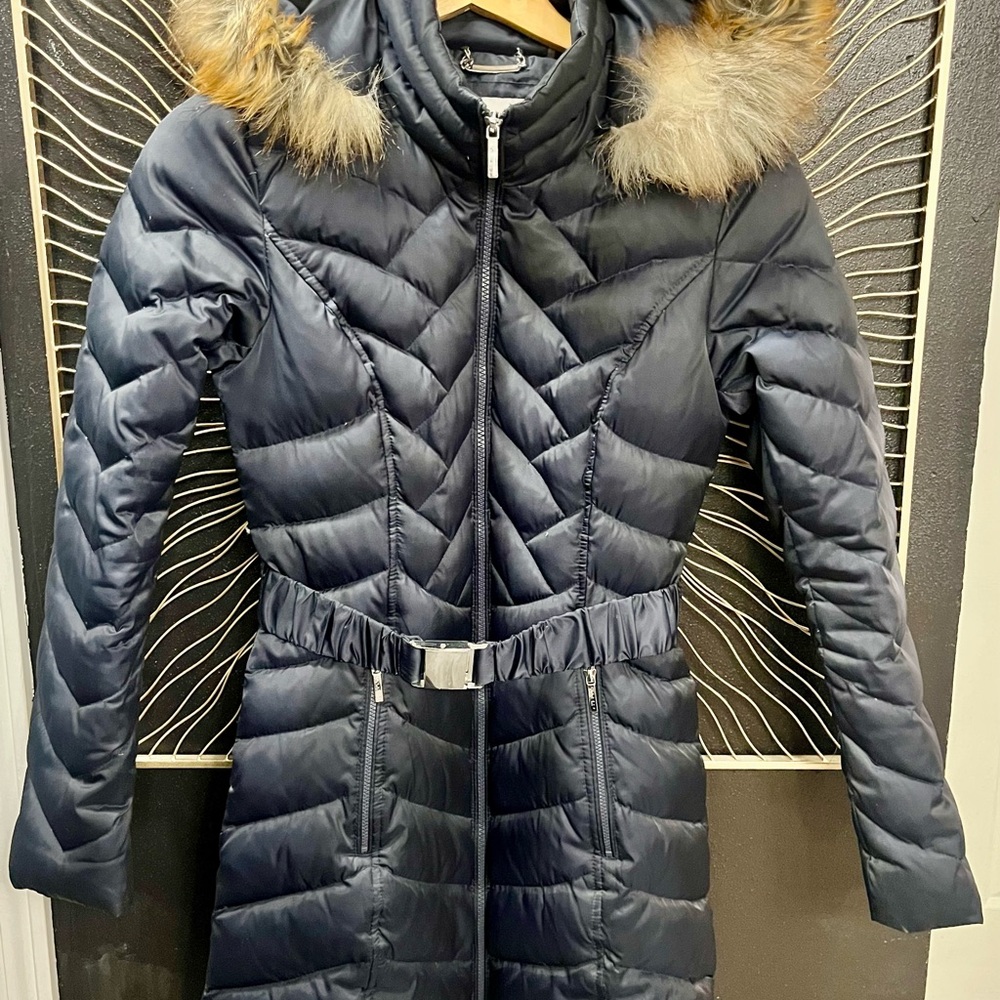 Laundry By Shelli Segal Dark Blue Puffer Jacket with Faux Fur Trim